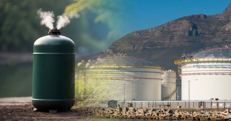 LPG cylinder with mountain backdrop and storage tanks